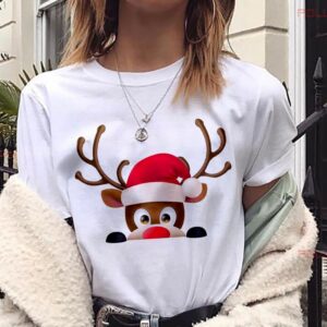 Women’s Christmas Reindeer Printed White T-Shirt